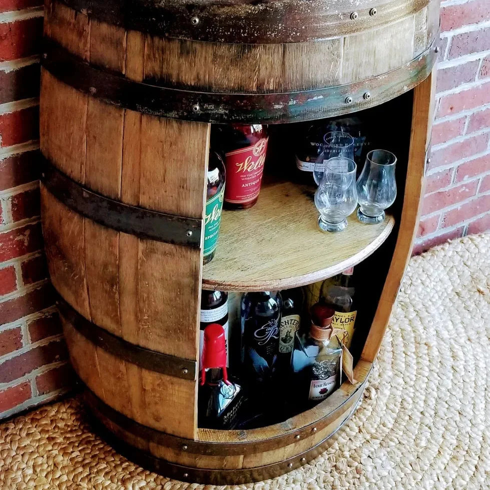Half Whiskey Bourbon Barrel Cabinet Handcrafted from a Reclaimed Whiskey Barrel
