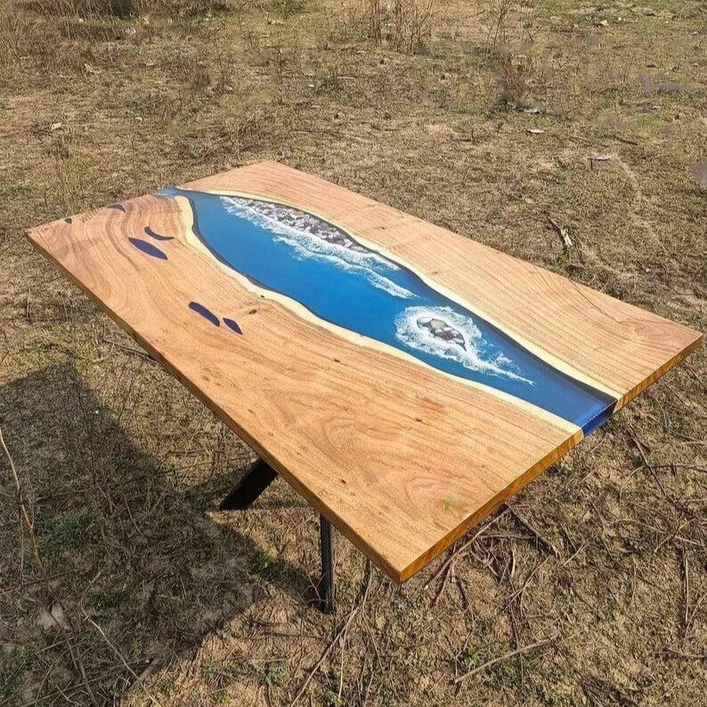 Blue Epoxy Ocean Wave River Dining Table Customized Acacia Wood Countertop Decor