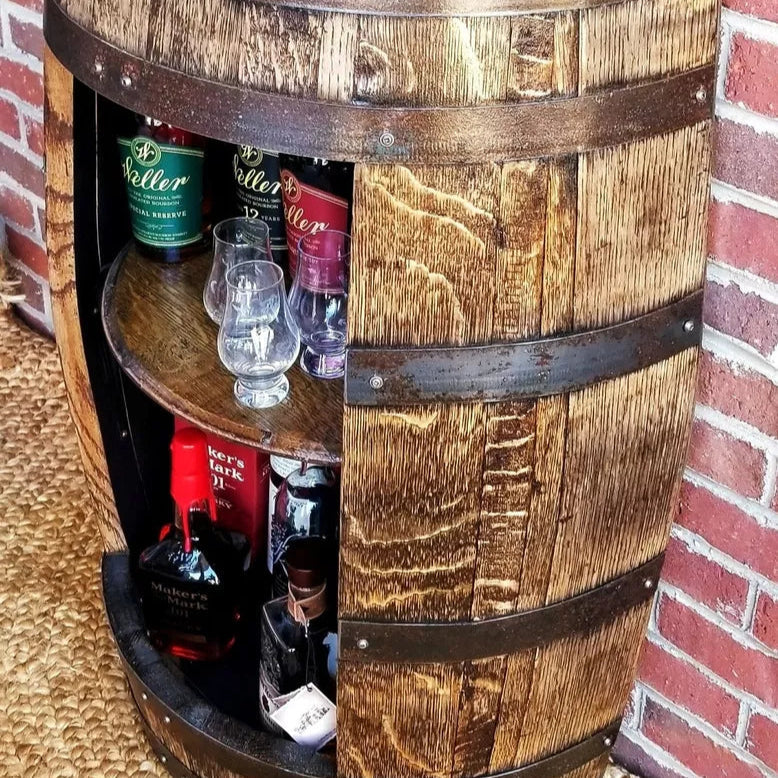Half Whiskey Bourbon Barrel Cabinet Handcrafted from a Reclaimed Whiskey Barrel