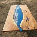 Blue Epoxy Ocean Wave River Dining Table Customized Acacia Wood Countertop Decor